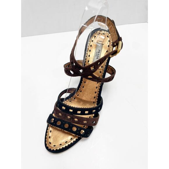 Prada Brown & Black Cutout Leather Woven Wedge Sandals Size 40 - Picture 5 of 10